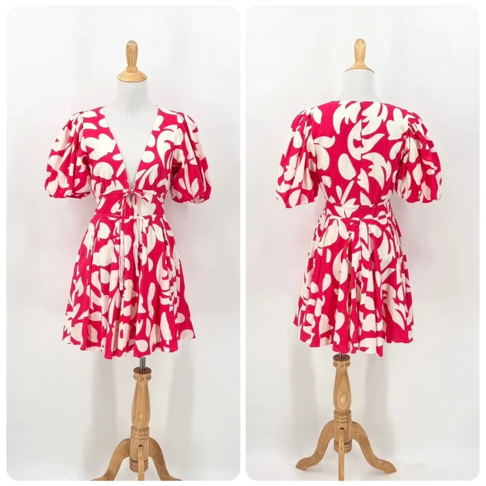 HOUSE OF HARLOW 1960 Mini Dress Women Small Pink Floral Puff Sleeve Tie Front - Picture 2 of 15